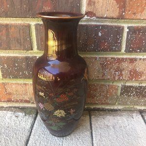 Asian Vase Vintage Japan Chocolate Brown With Gold Yellow White Red